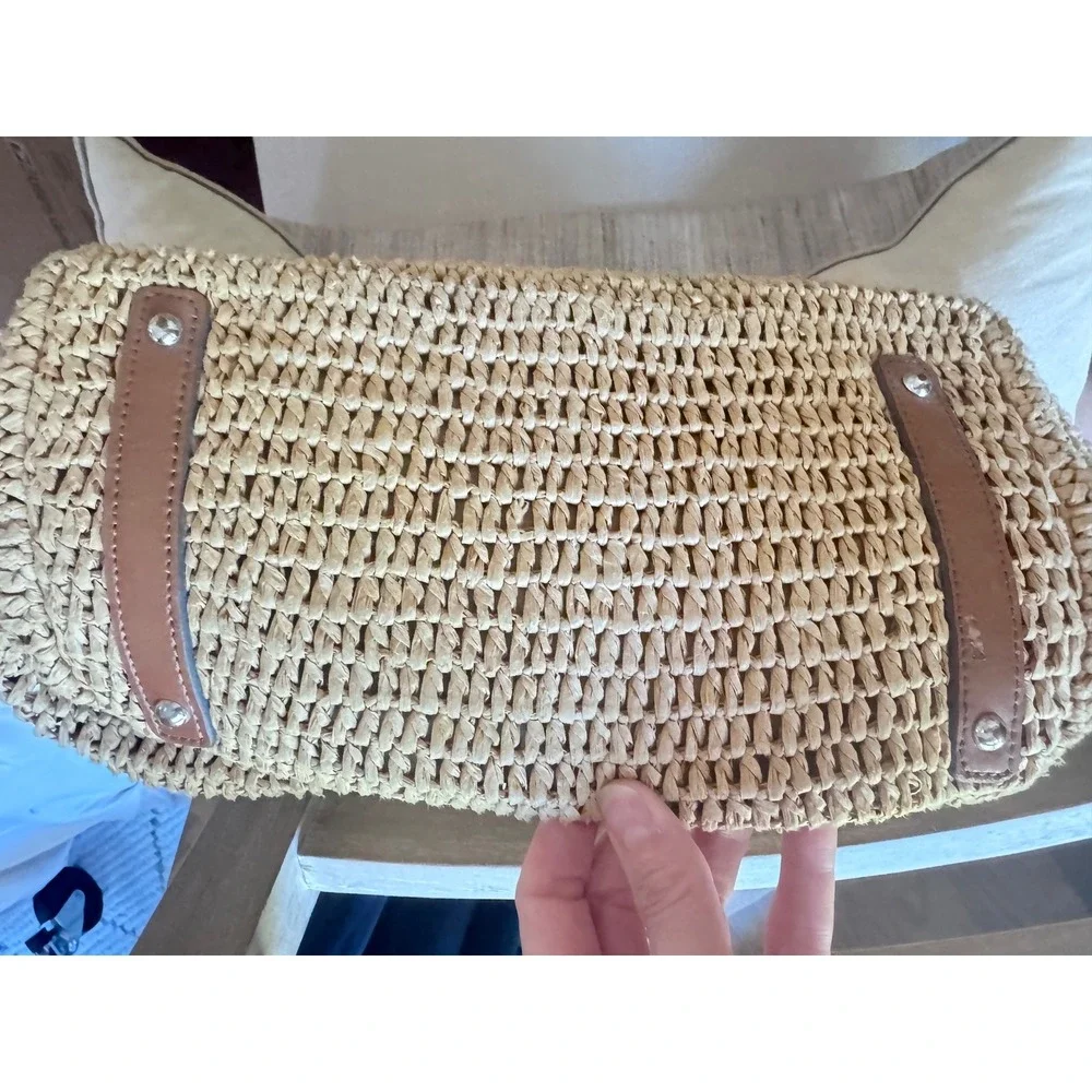 Lauren Ralph Lauren Polo rings Straw Woven Tote Bag Brown Leather trim